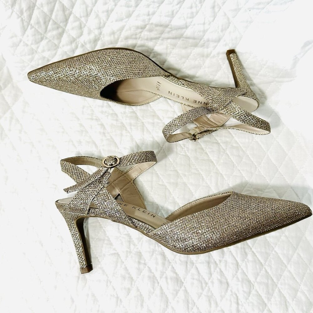 Anne Klein Glitter Ankle Strap Stiletto Pump Gold Pointed Toe Synthetic - Picture 2 of 4